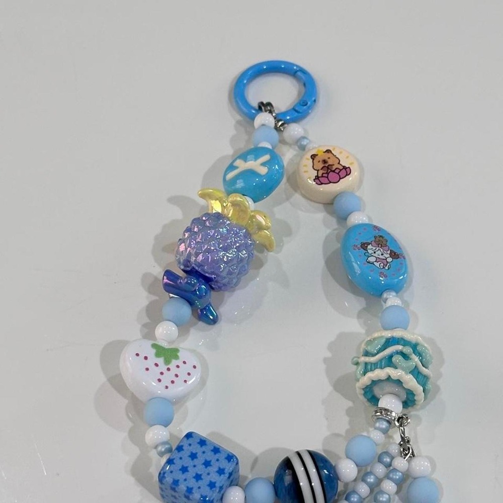 Handmade Kawaii Pop Mart Style Blue Beaded Phone Charm Wristlet